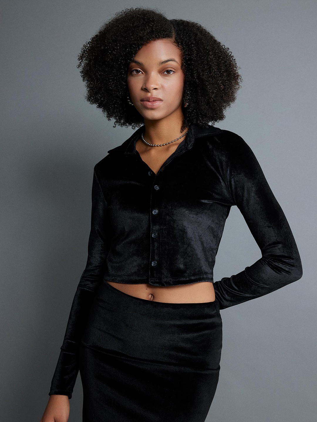 

DeFacto Spread Collar Crop Casual Shirt, Black