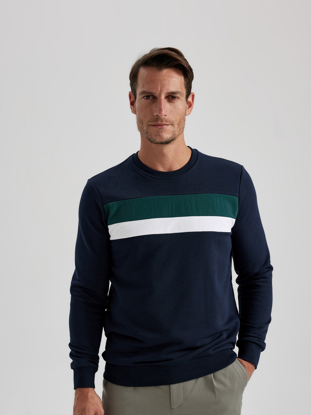 

DeFacto Colourblocked Ribbed Cotton Pullover Sweatshirt, Navy blue