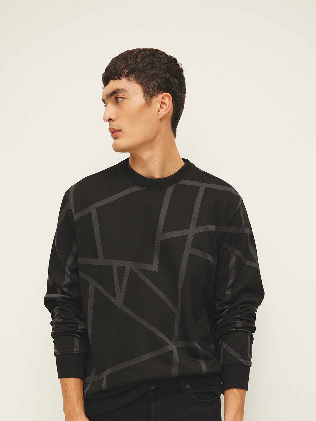 

DeFacto Geometric Printed Round Neck Cotton Pullover Sweater, Black