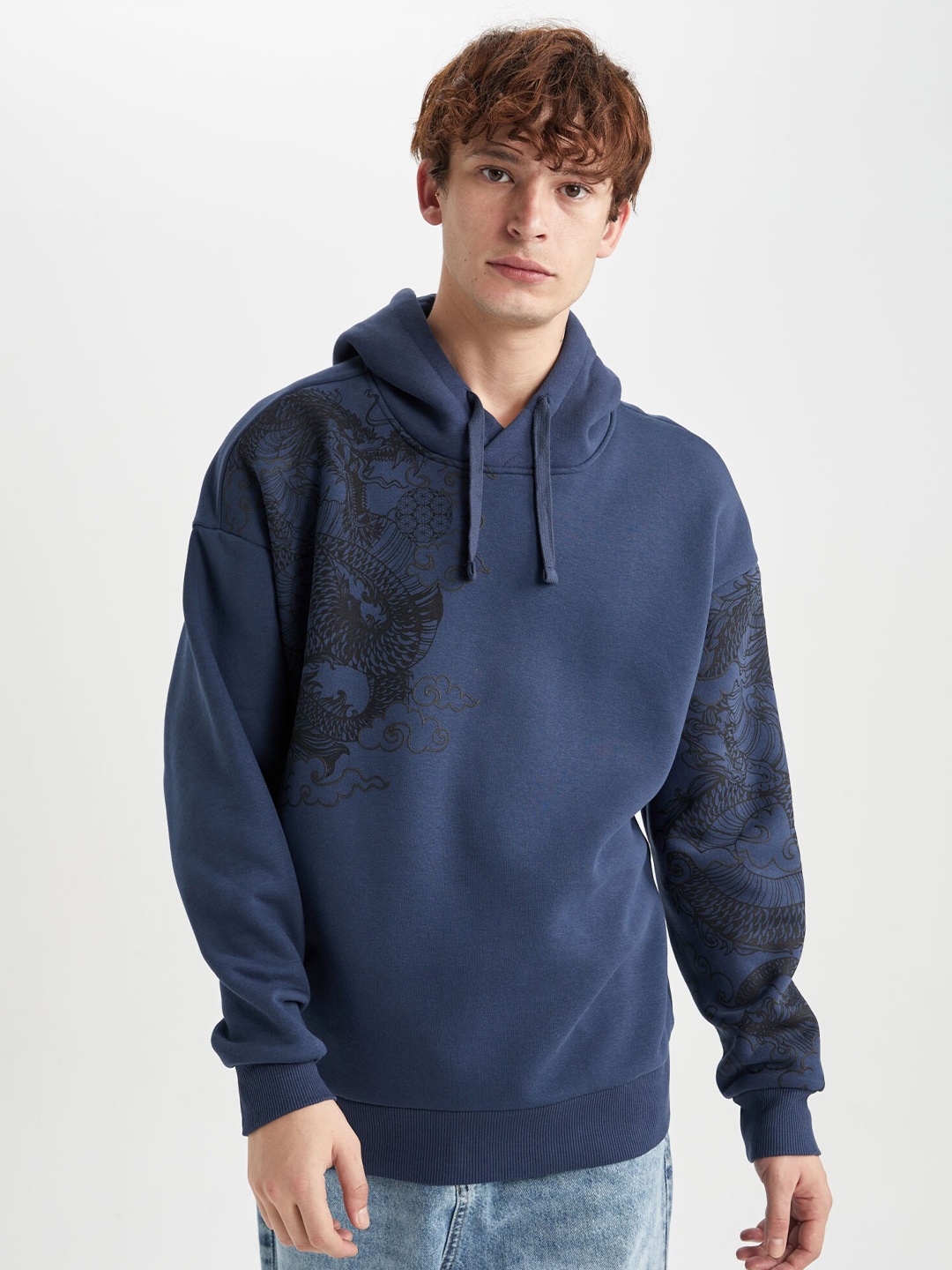 

DeFacto Graphic Printed Hooded Pullover Sweatshirt, Blue
