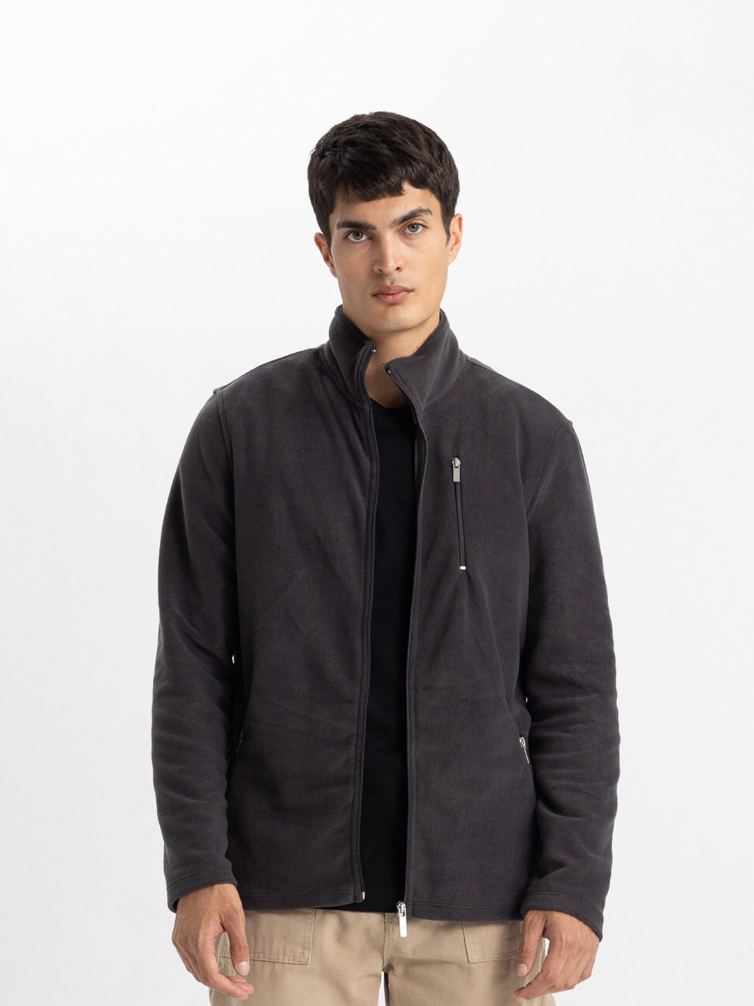 

DeFacto Mock Collar Zip Detail Front-Open Sweatshirt, Grey