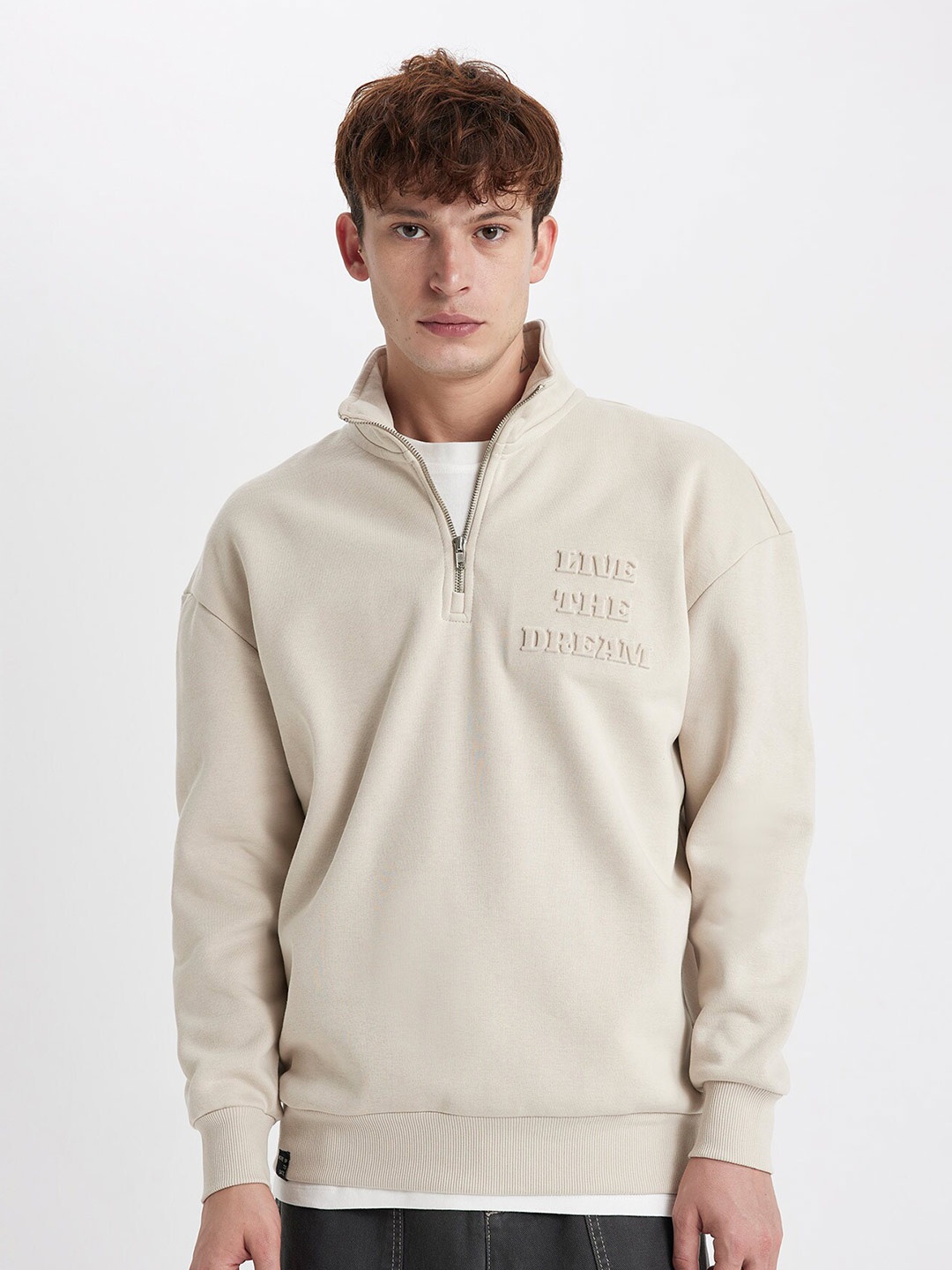 

DeFacto Mock Collar Long Sleeves Pullover Sweatshirt, Beige