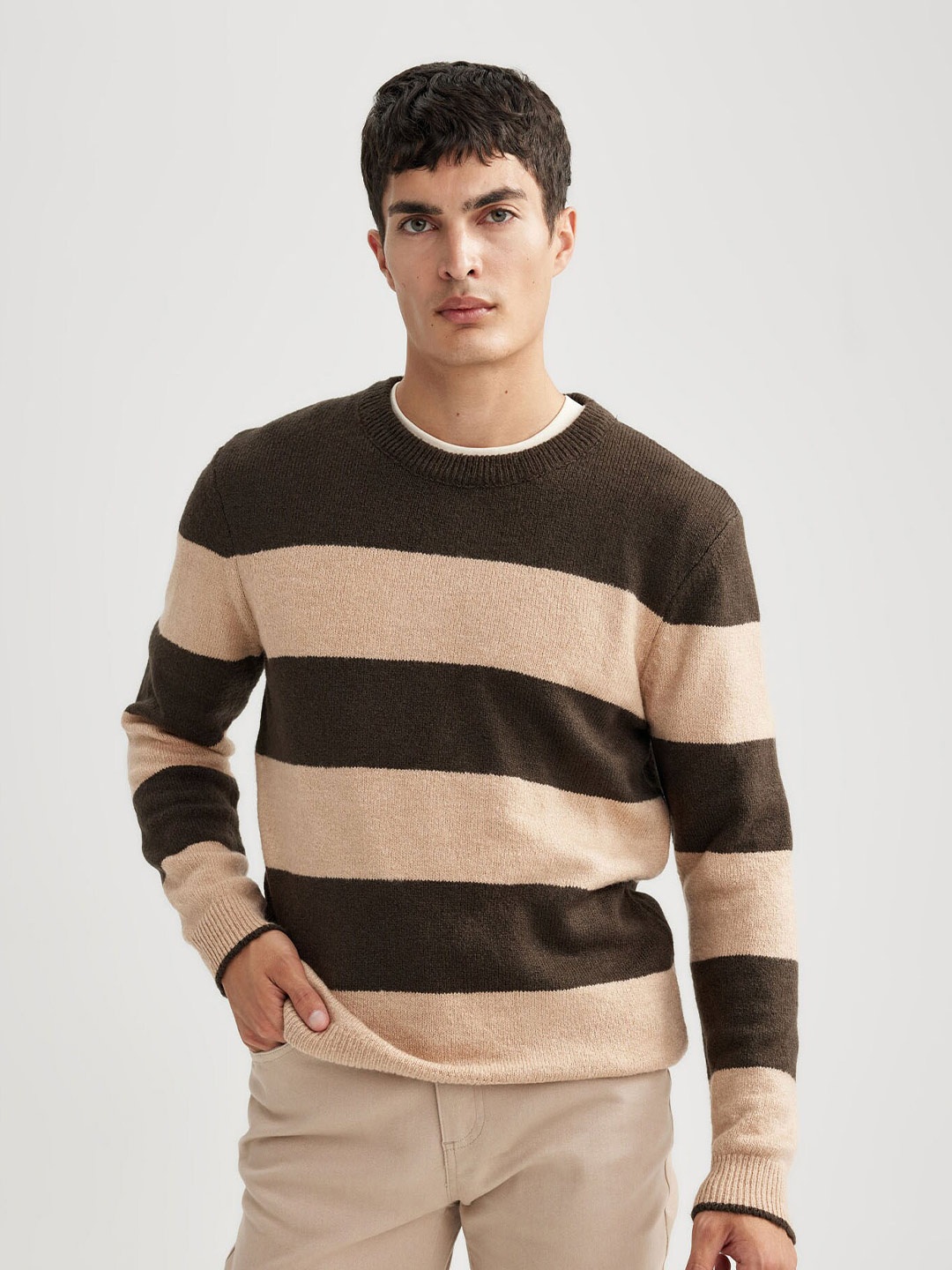 

DeFacto Striped Round Neck Acrylic Pullover Sweater, Brown