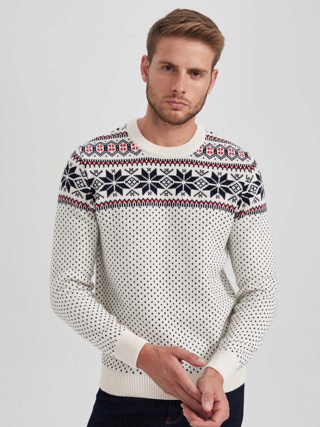 

DeFacto Geometric Printed Ribbed Acrylic Pullover, White