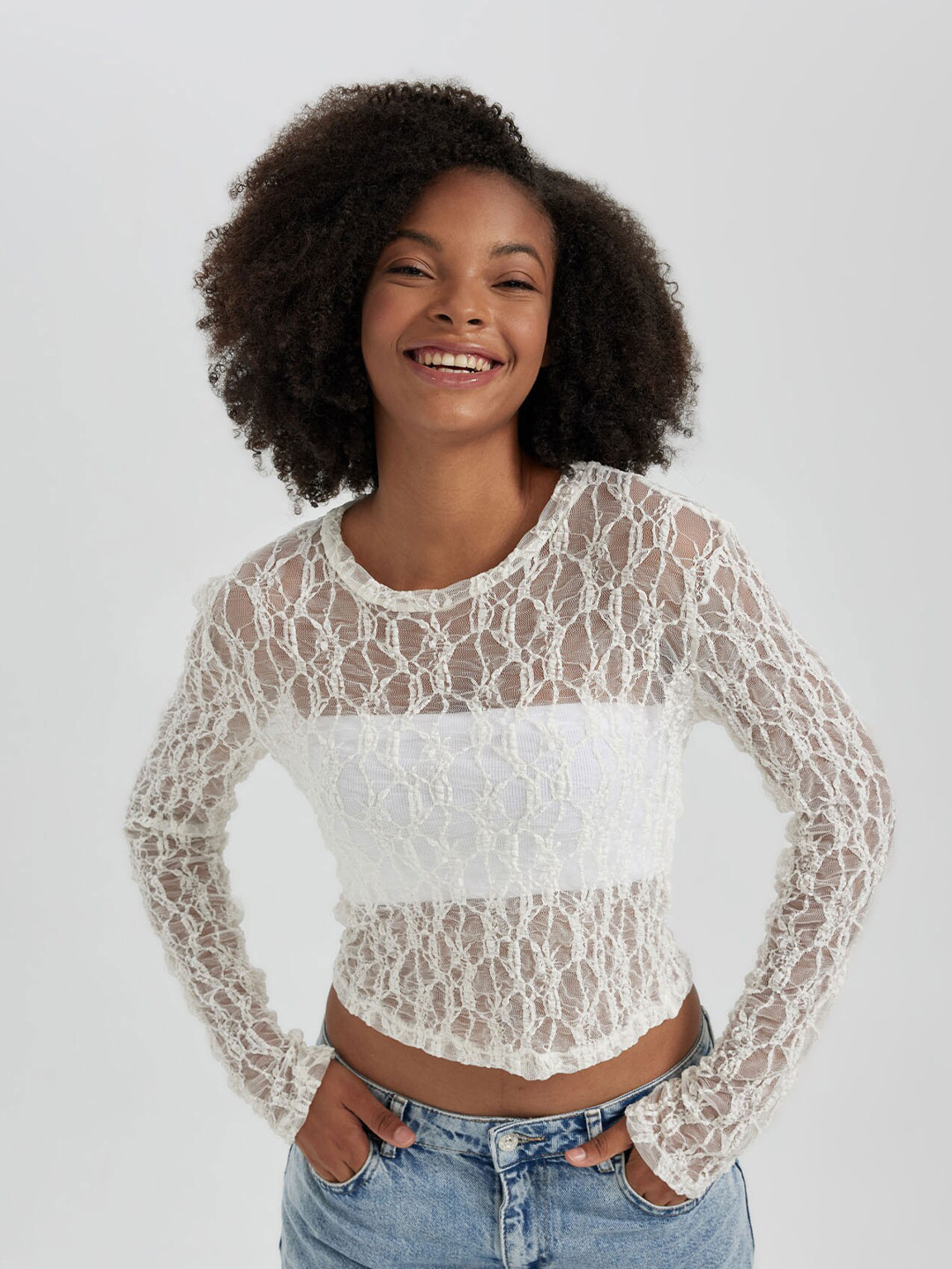 

DeFacto Self Design Long Sleeves Semi Sheer Crop Top, White