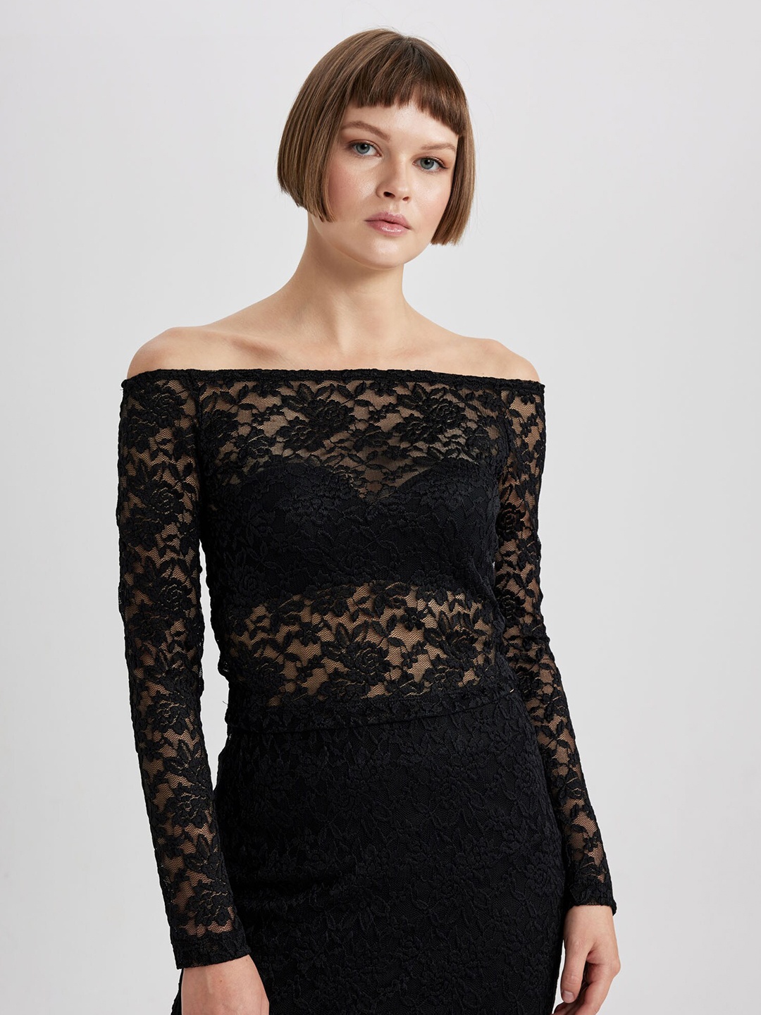 

DeFacto Self Design Lace Up Detail Off Shoulder Semi Sheer Long Sleeves Top, Black