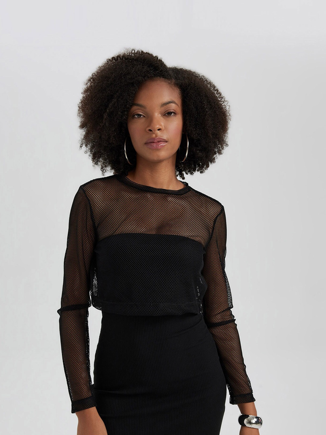 

DeFacto Self Design Long Sleeves Semi Sheer Top, Black