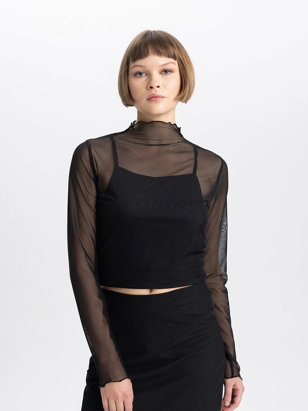 

DeFacto Self Design High Neck Long Sleeves Semi Sheer Crop Top, Black