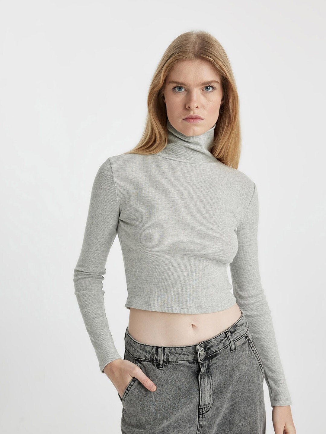 

DeFacto Self Design High Neck Long Sleeves Crop T-shirt, Grey