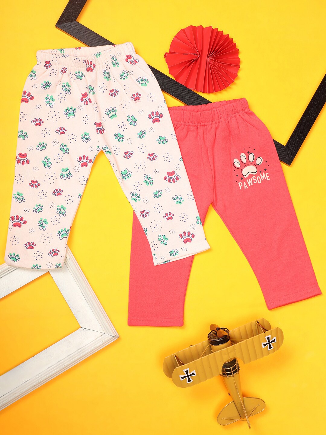 

V-Mart Infants Pack Of 2 Mid-Rise Printed Fleece Lounge Pants, Peach