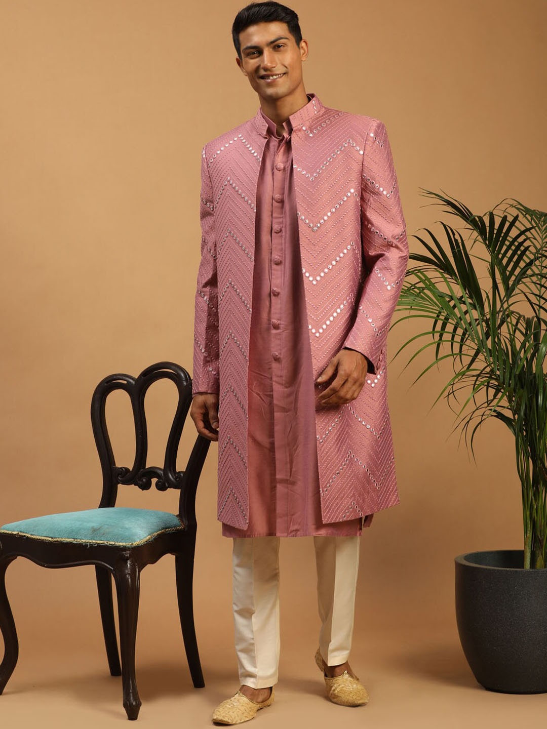 

SHRESTHA BY VASTRAMAY Embroidered Mirror Work Sherwani With Trousers, Pink