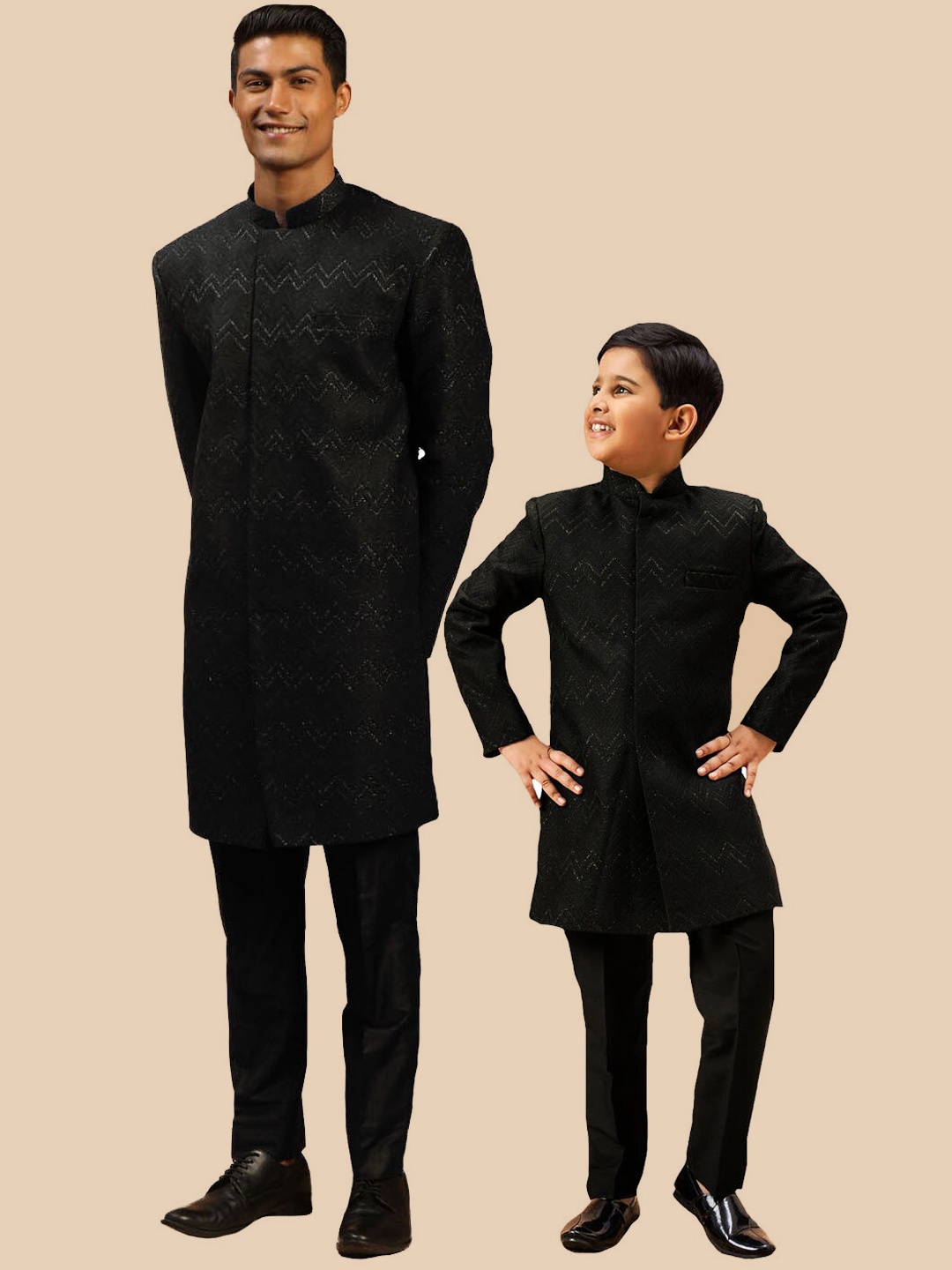 

SHRESTHA BY VASTRAMAY Self Designed Sherwani & Trousers, Black