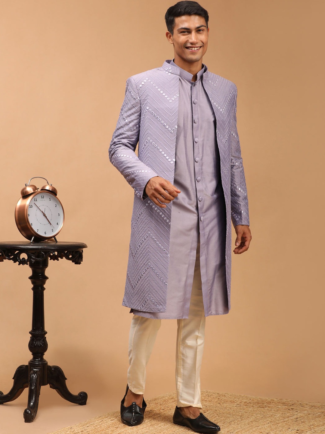 

SHRESTHA BY VASTRAMAY Embroidered Mirror Work Sherwani Set, Purple