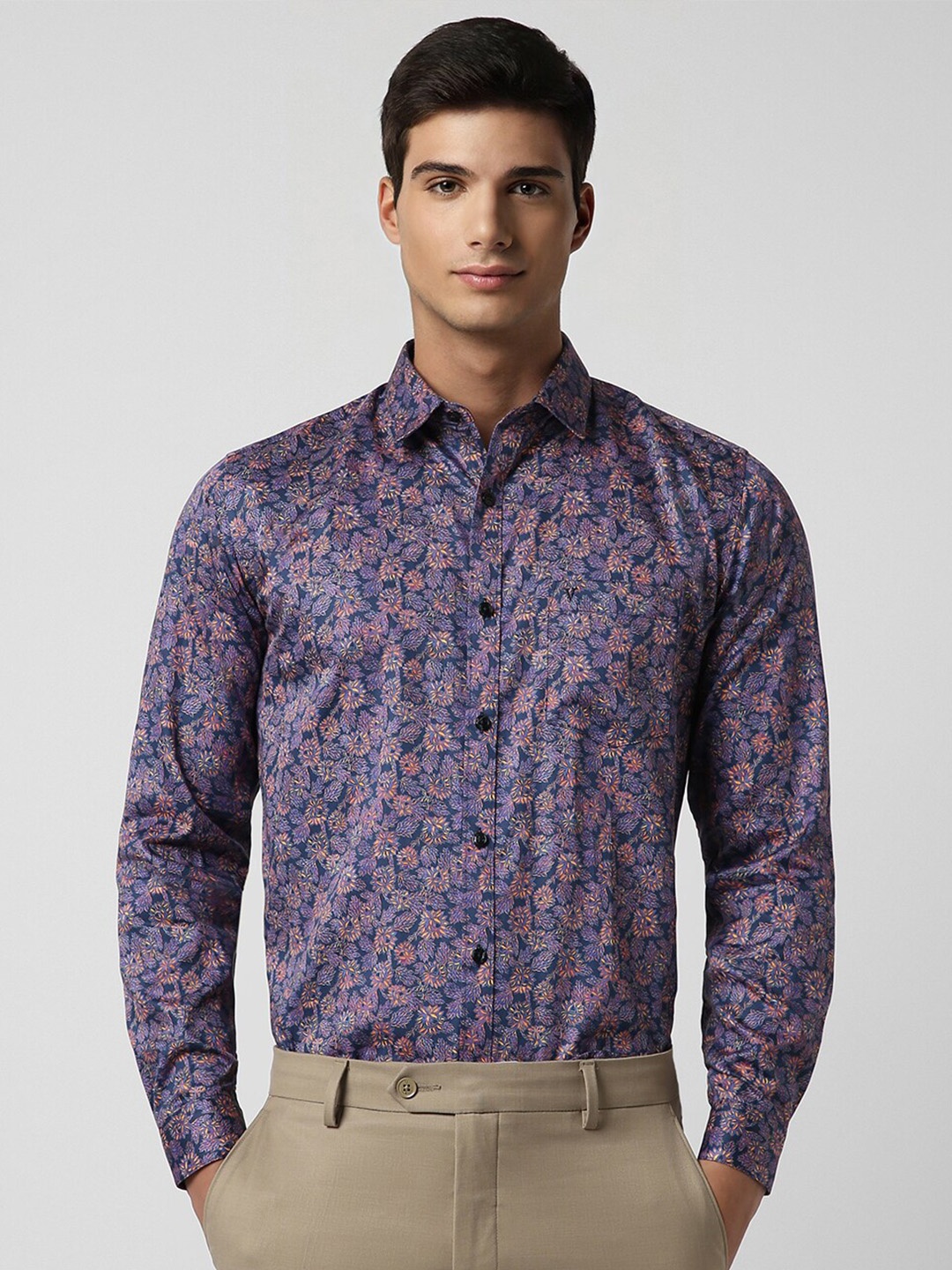 

V Dot Slim Fit Floral Printed Pure Cotton Casual Shirt, Purple