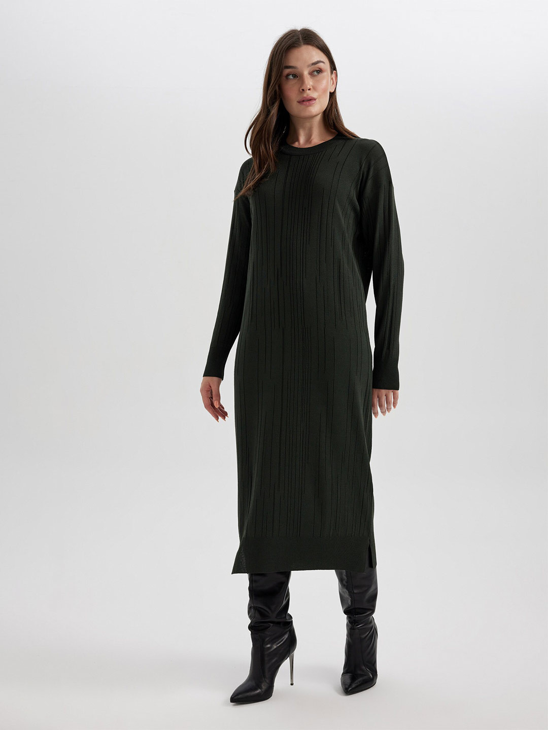 

DeFacto Self Design Round Neck A-Line Midi Dress, Olive