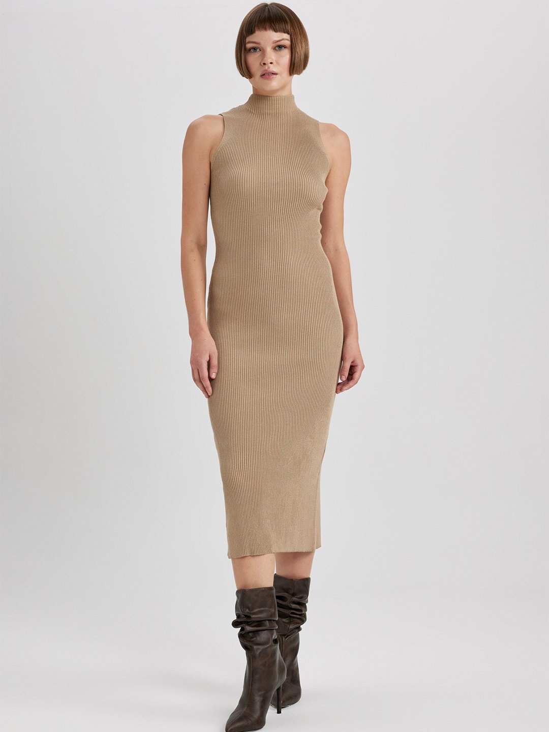 

DeFacto Striped High Neck Bodycon Midi Dress, Beige