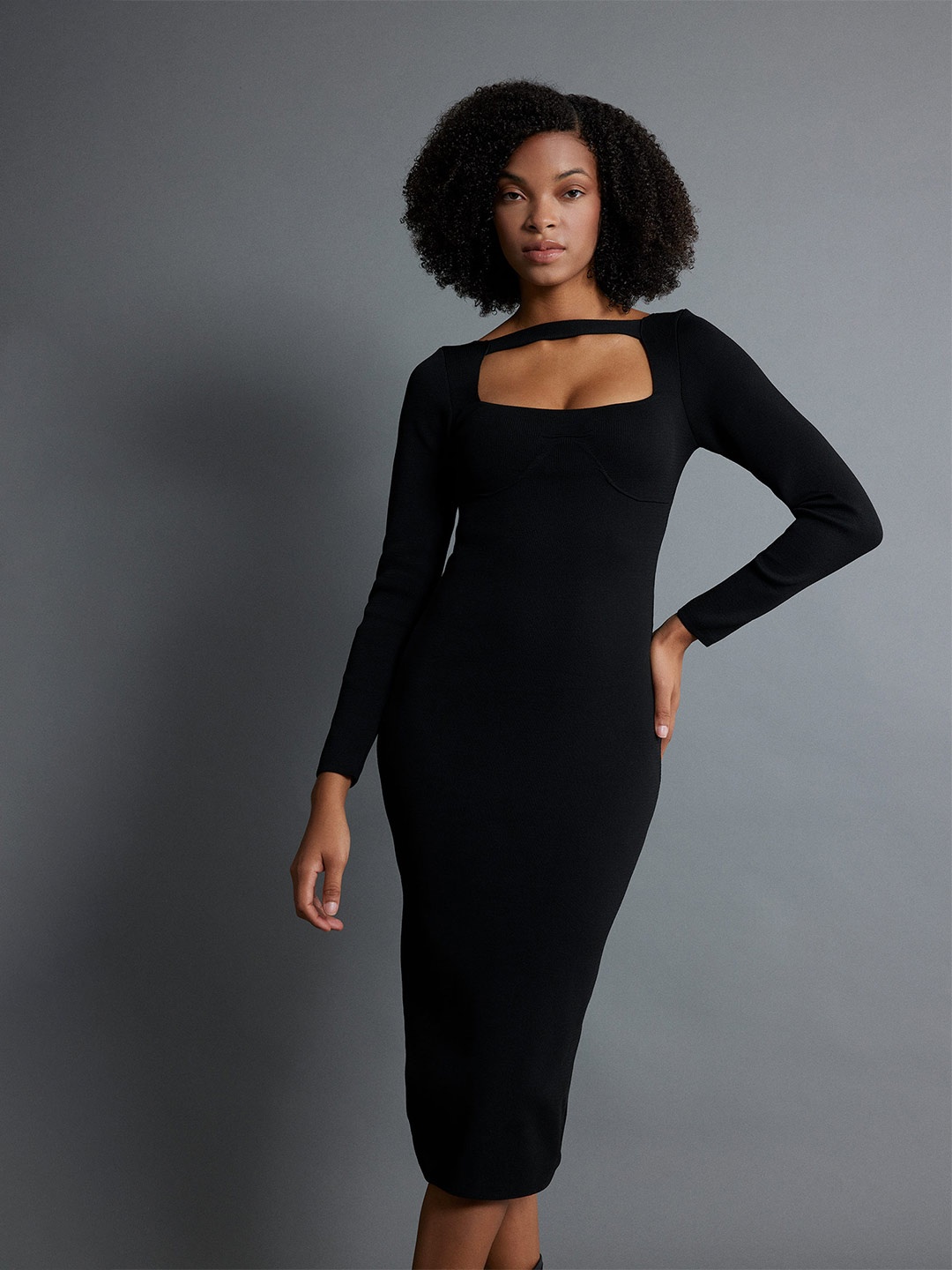 

DeFacto Square Neck Cut Out Bodycon Midi Dress, Black