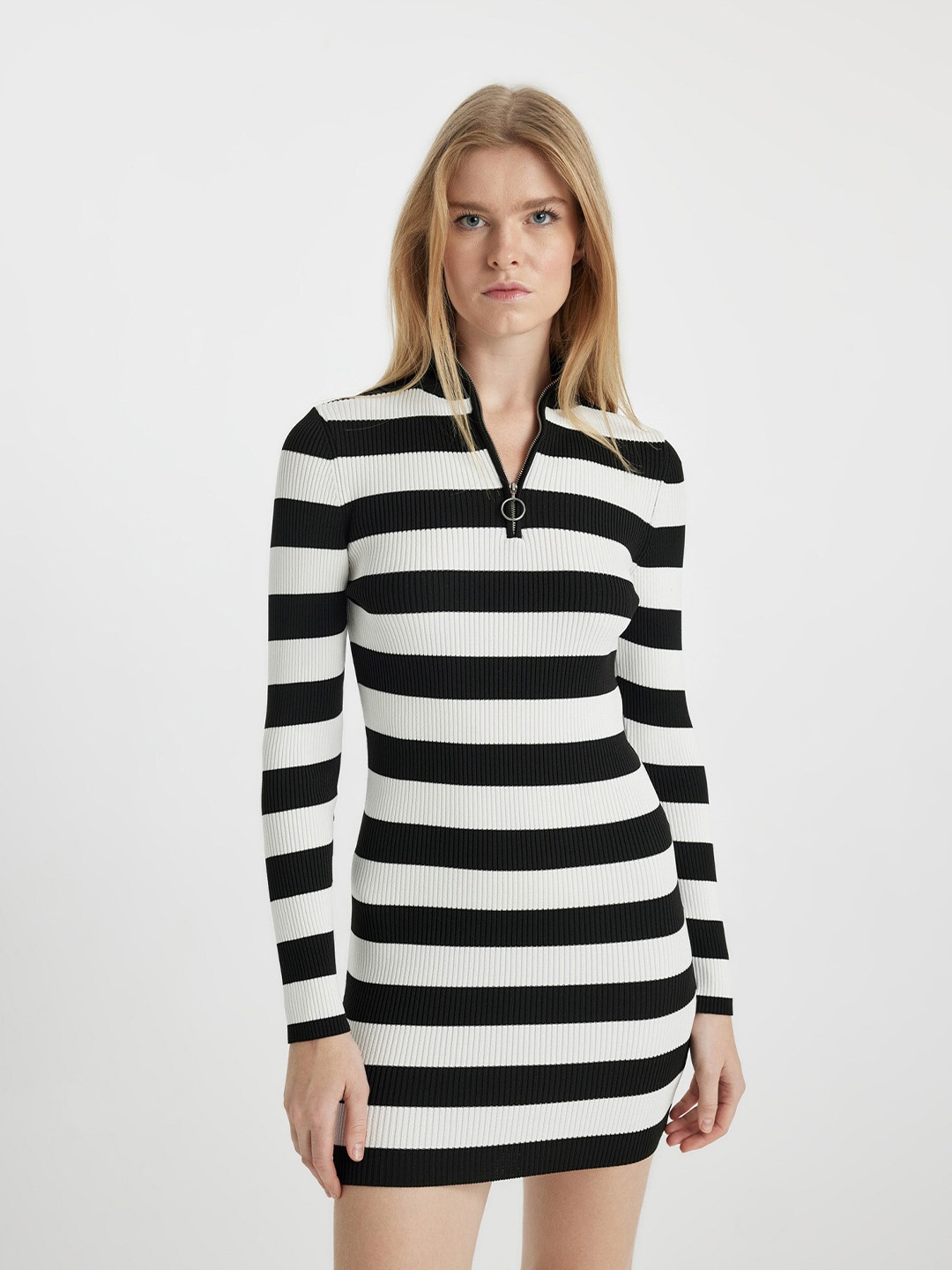 

DeFacto Striped Shirt Collar Long Sleeve Sheath Mini Dress, White