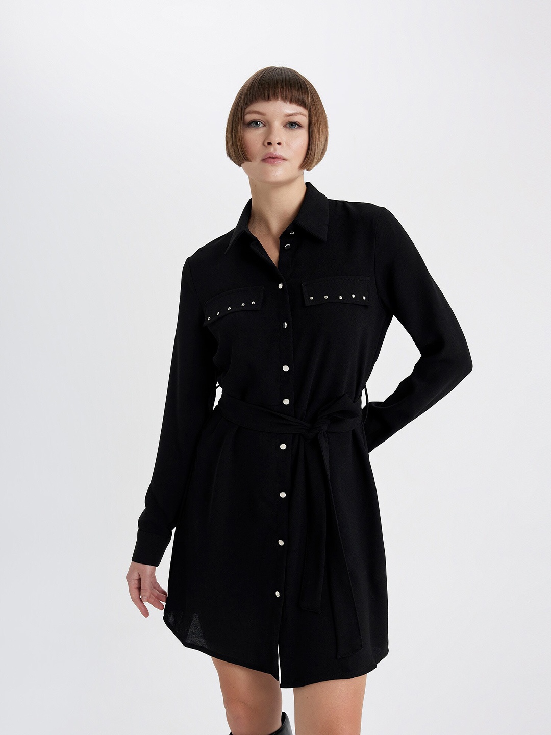 

DeFacto Cuffed Sleeves Shirt Mini Dress, Black