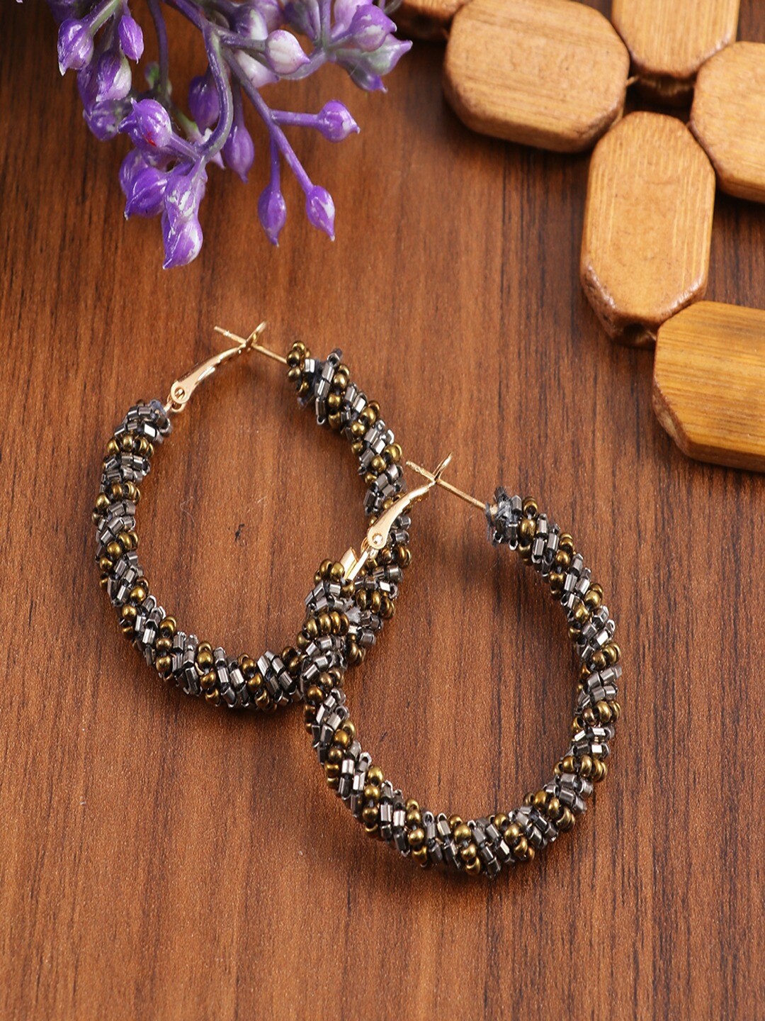 

UNIVERSITY TRENDZ Gold Plated Artificial Beads Circular Hoop Earrings, Grey