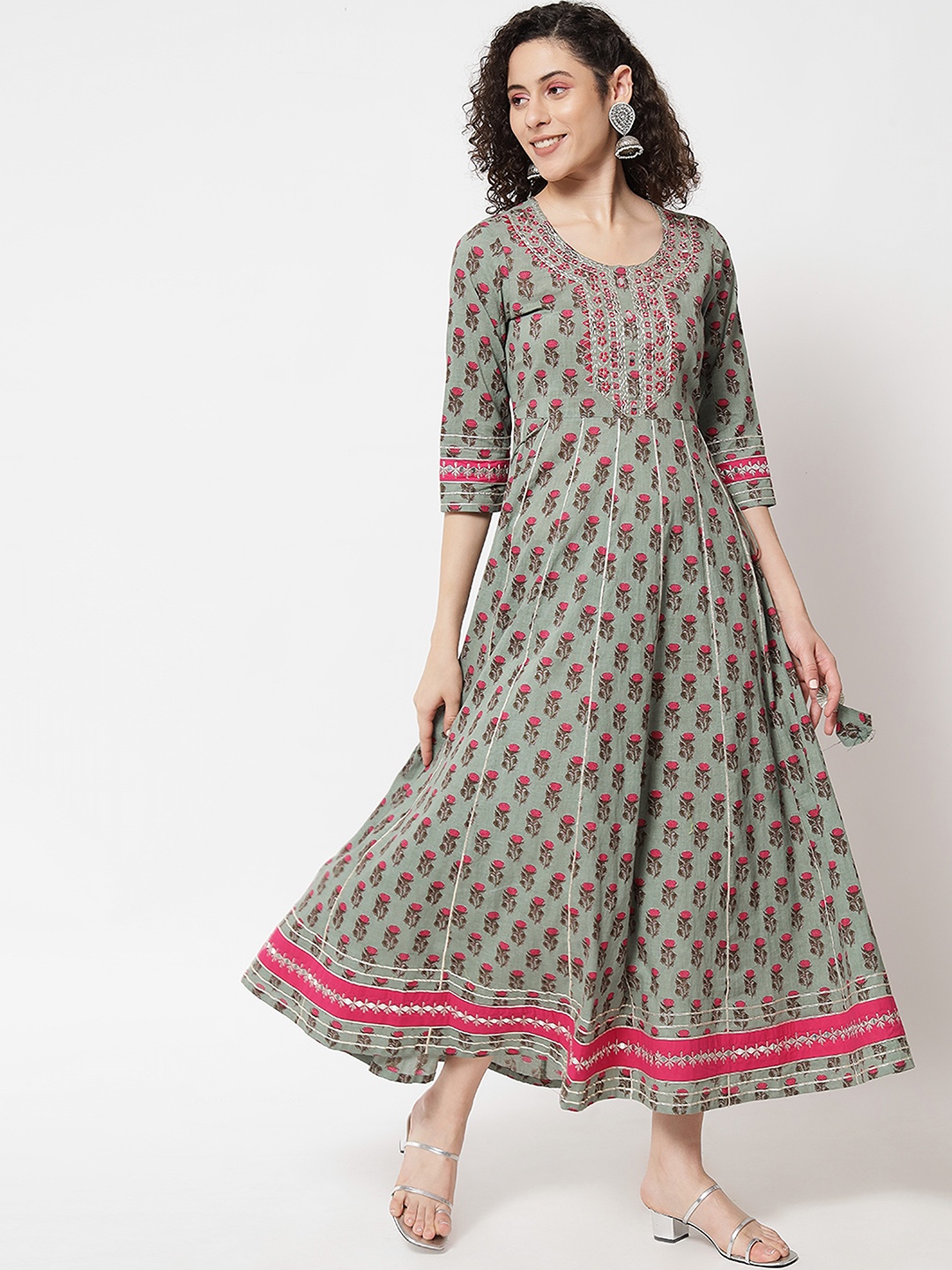 

KALINI Ethnic Motifs Printed Anarkali Pure Cotton Ethnic Dresses, Grey