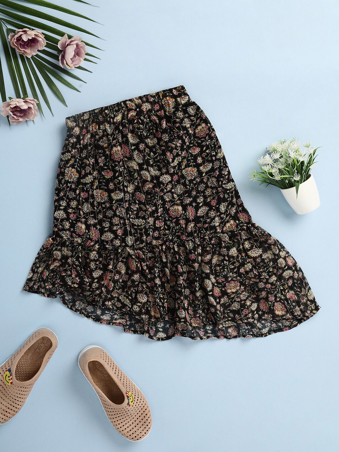 

V-Mart Girls Floral Printed High-Low Flared Skirt, Black