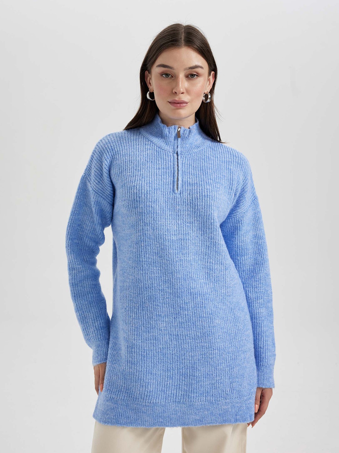 

DeFacto Ribbed Acrylic Longline Pullover Sweater, Blue