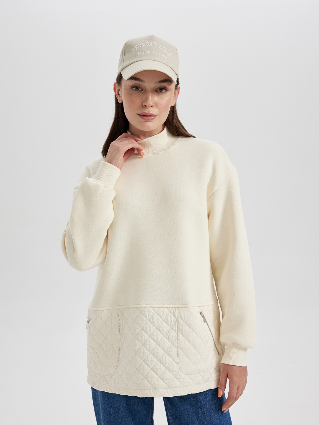 

DeFacto Mock Collar Cotton Pullover Sweatshirt, Off white