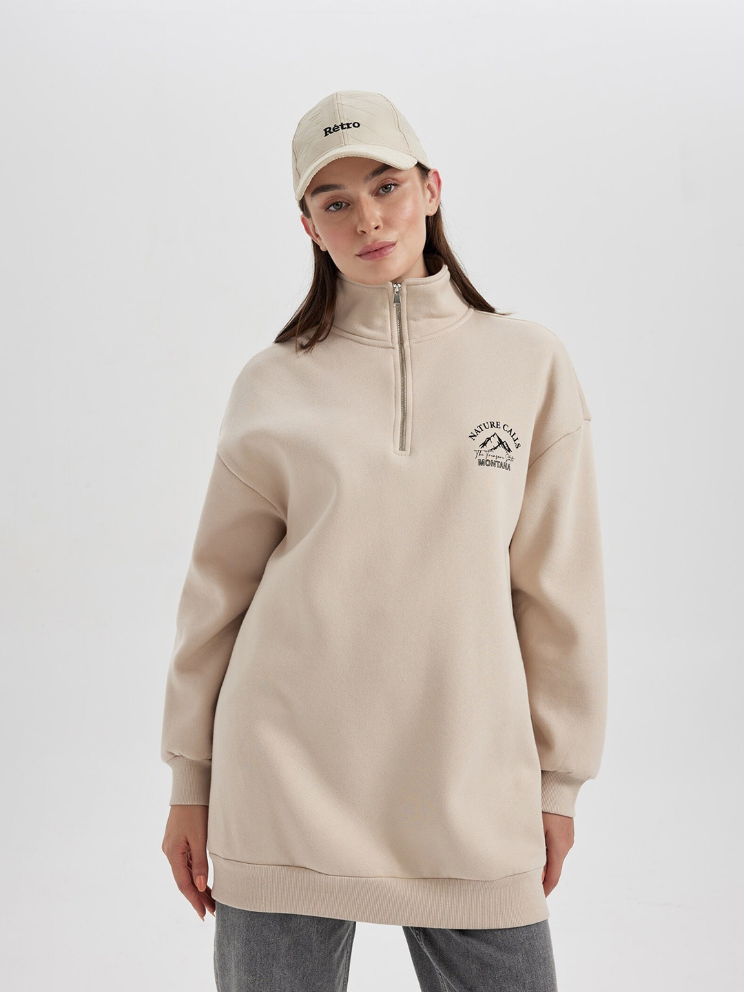 

DeFacto High Neck Pullover Longline Sweatshirt, Beige