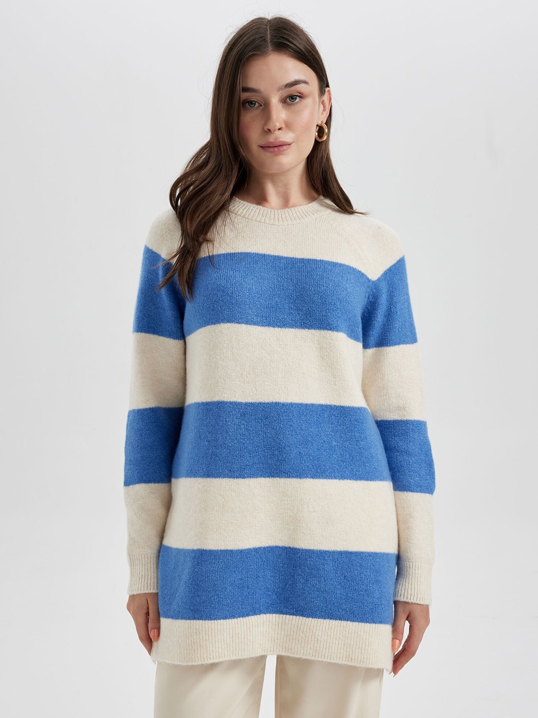 

DeFacto Striped Pullover Longline Acrylic Sweatshirt, Blue