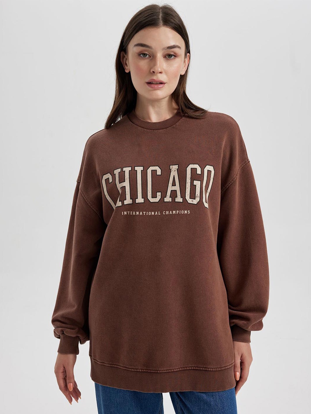 

DeFacto Typography Printed Cotton Pullover Sweatshirt, Brown