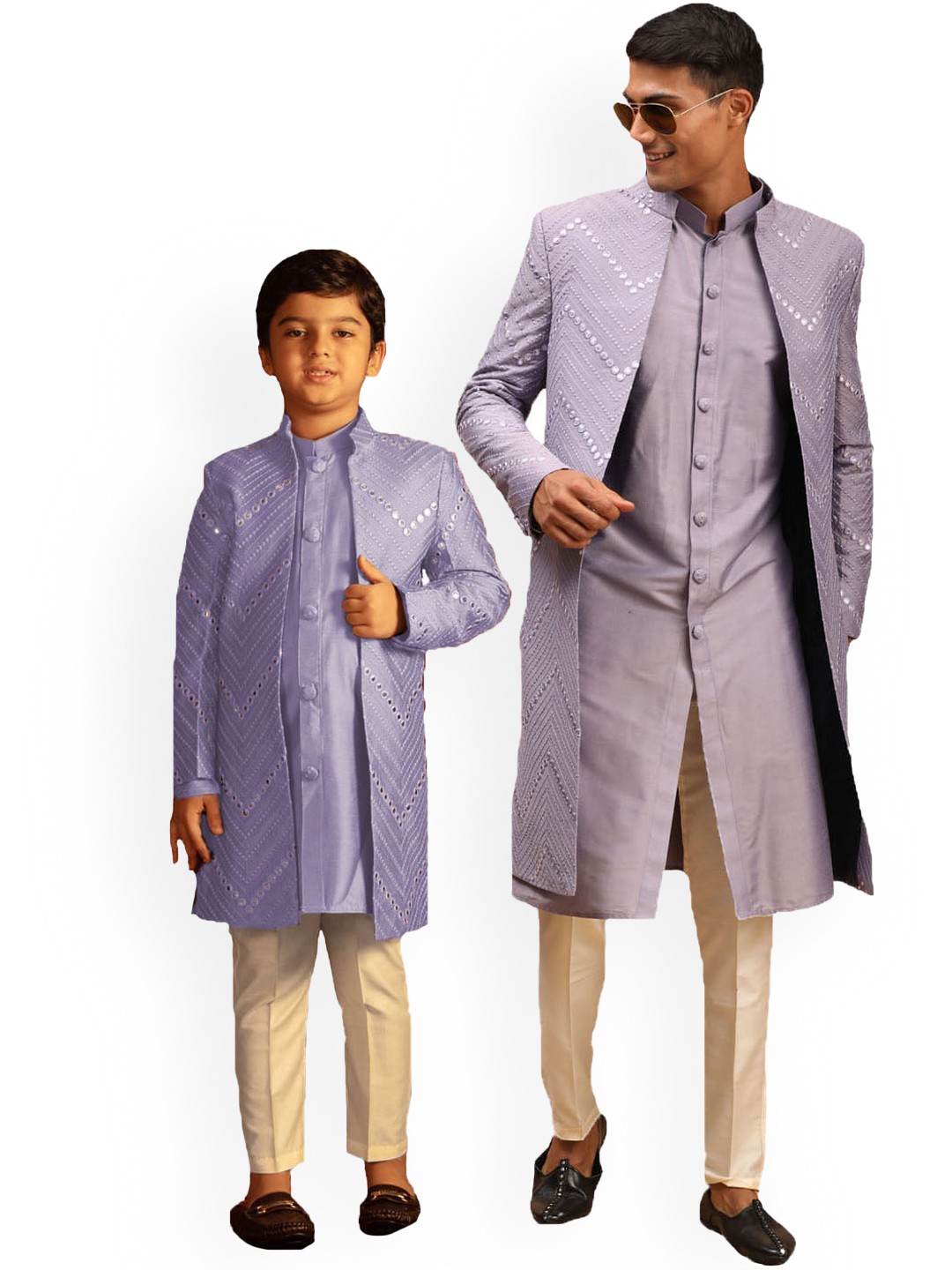 

VASTRAMAY Boys Embroidered Mirror Work Open Front Sherwani Set, Purple
