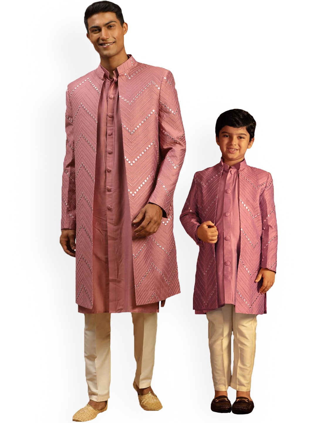 

VASTRAMAY Boys Embroidered Mirror Work Sherwani Set, Pink