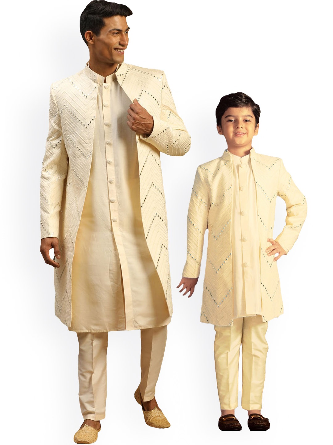 VASTRAMAY Boys Embroidered Mirror Work Sherwani With Trousers, Cream