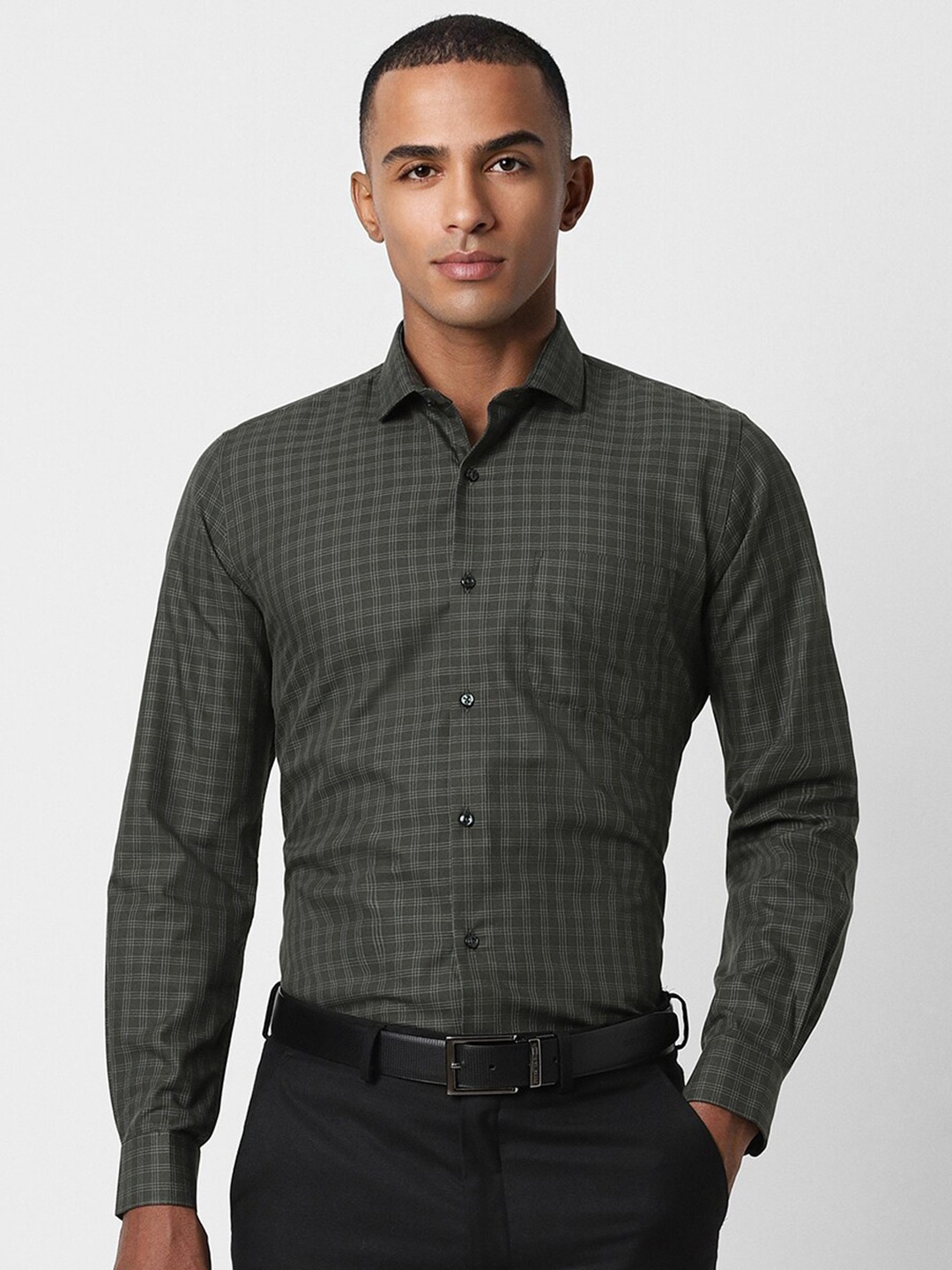 

Peter England Checked Slim Fit Cotton Formal Shirt, Olive