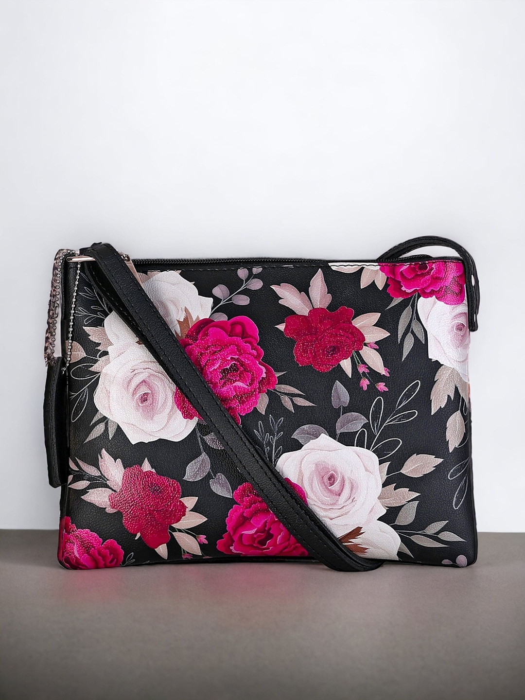 

DressBerry Black Floral Printed Structured Sling Bag