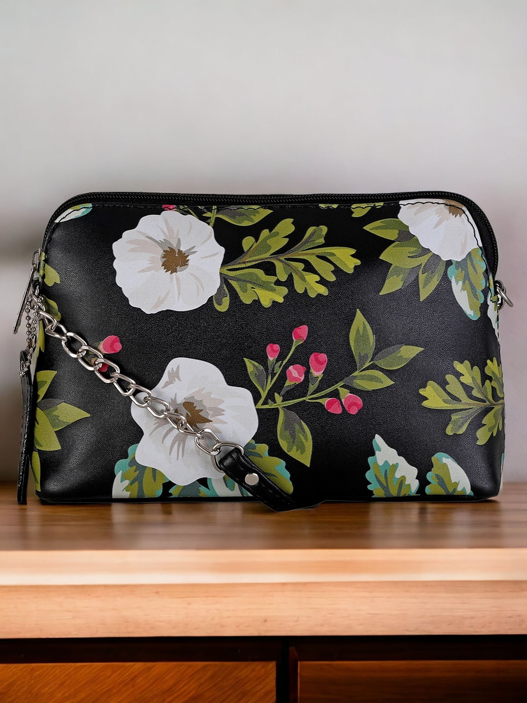 

DressBerry Black Floral Printed Structured Sling Bag
