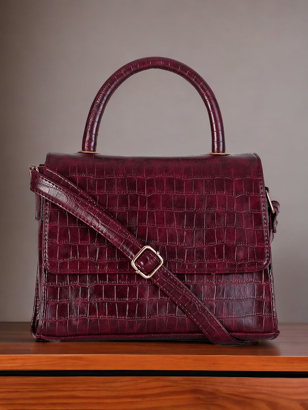 

DressBerry Red Textured Structured Satchel Bag