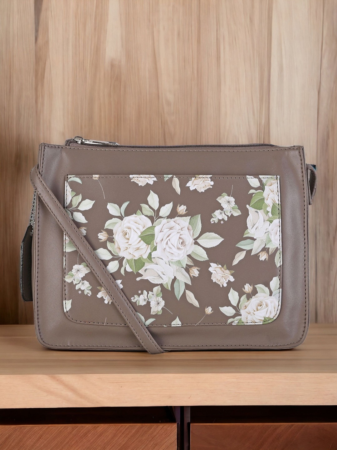 

DressBerry Beige Floral Printed Oversized Structured Sling Bag