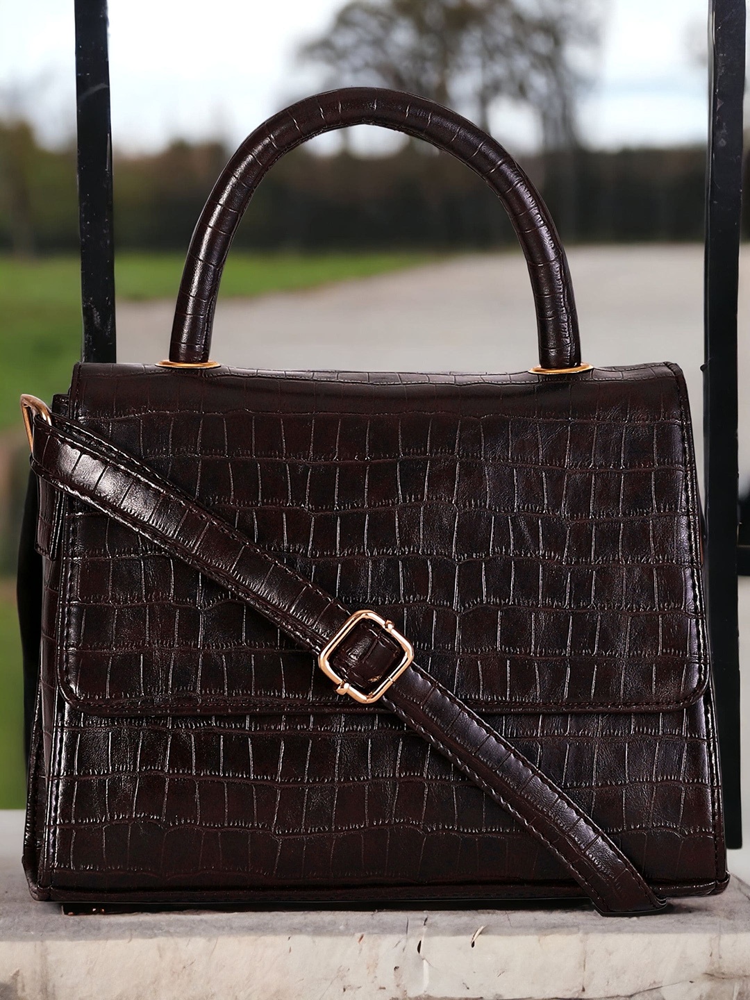 

DressBerry Brown Animal Textured Structured Handheld Bag