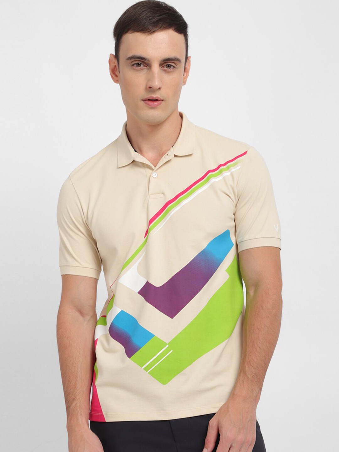 

Allen Solly Geometric Printed Polo Collar Pure Cotton T-shirt, Beige