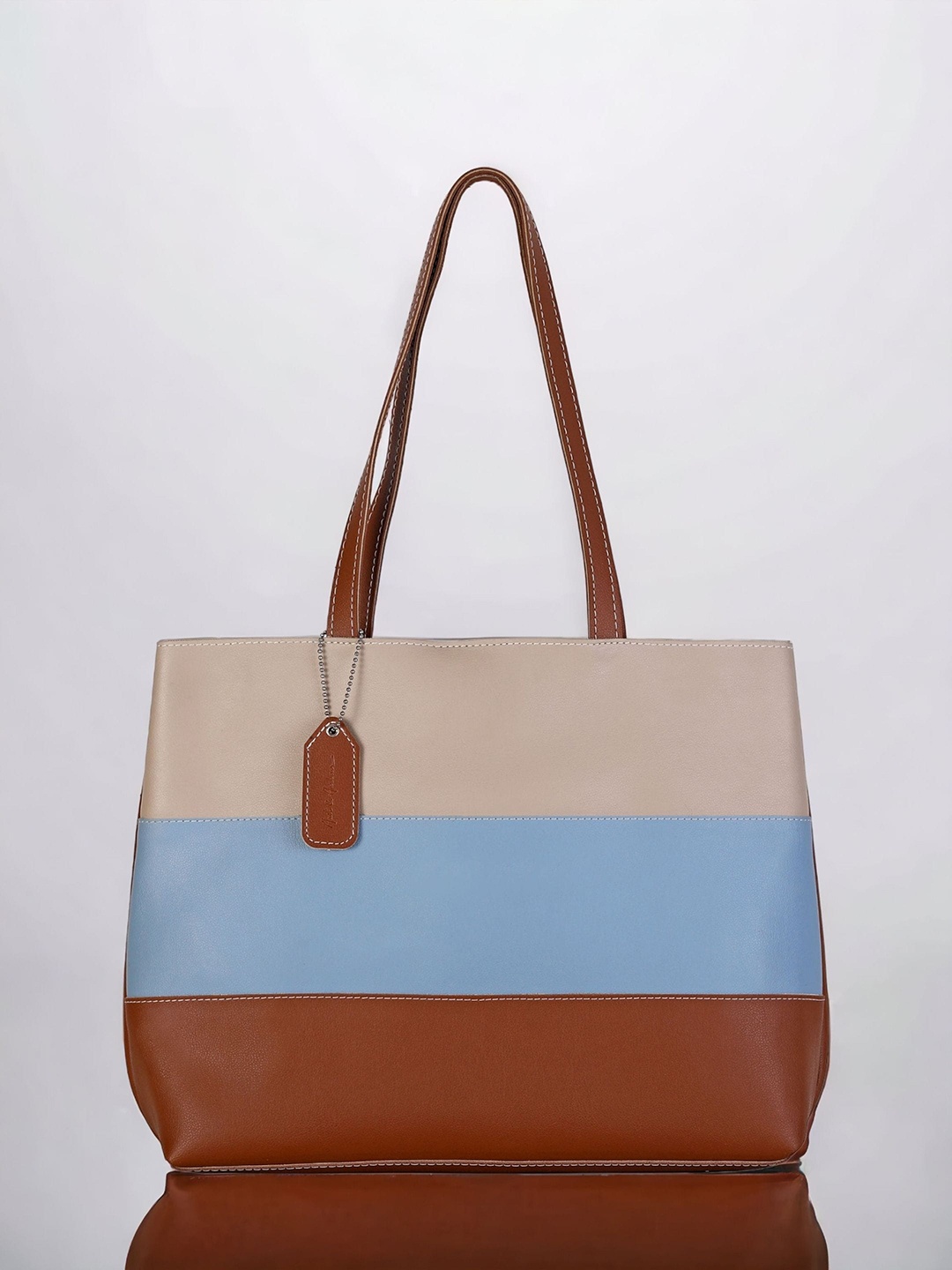 

Mast & Harbour Blue & Beige Colourblocked Oversized Shopper Tote Bag