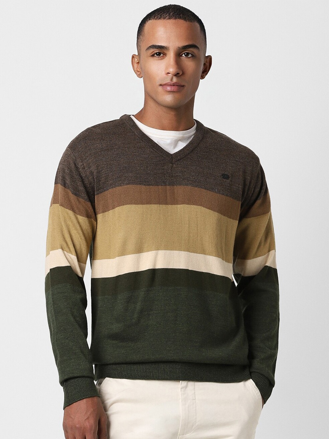 

Peter England Casuals Colourblocked Acrylic Pullover, Camel brown