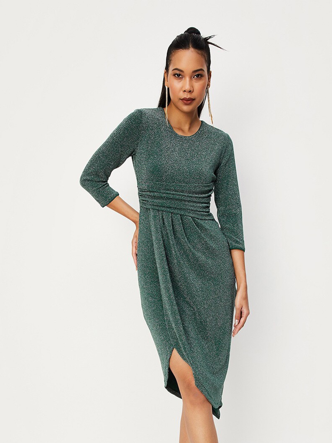 

max Round Neck Pleated Sheath Dress, Green