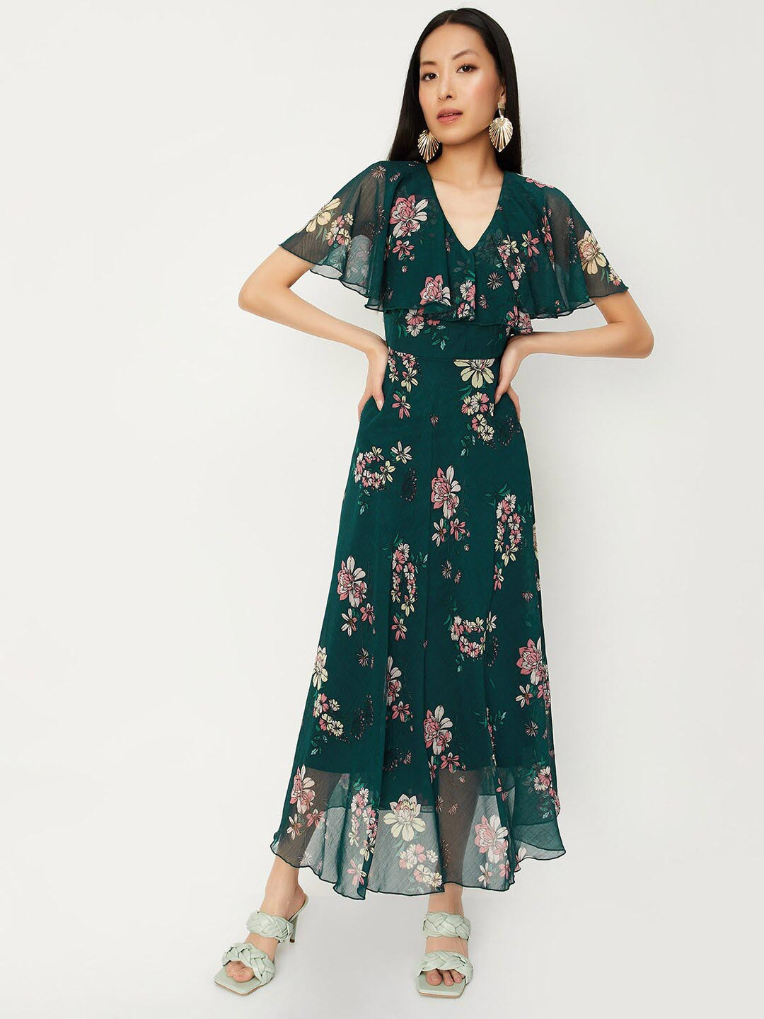 

max Floral Printed Cape Sleeves Maxi Dress, Green