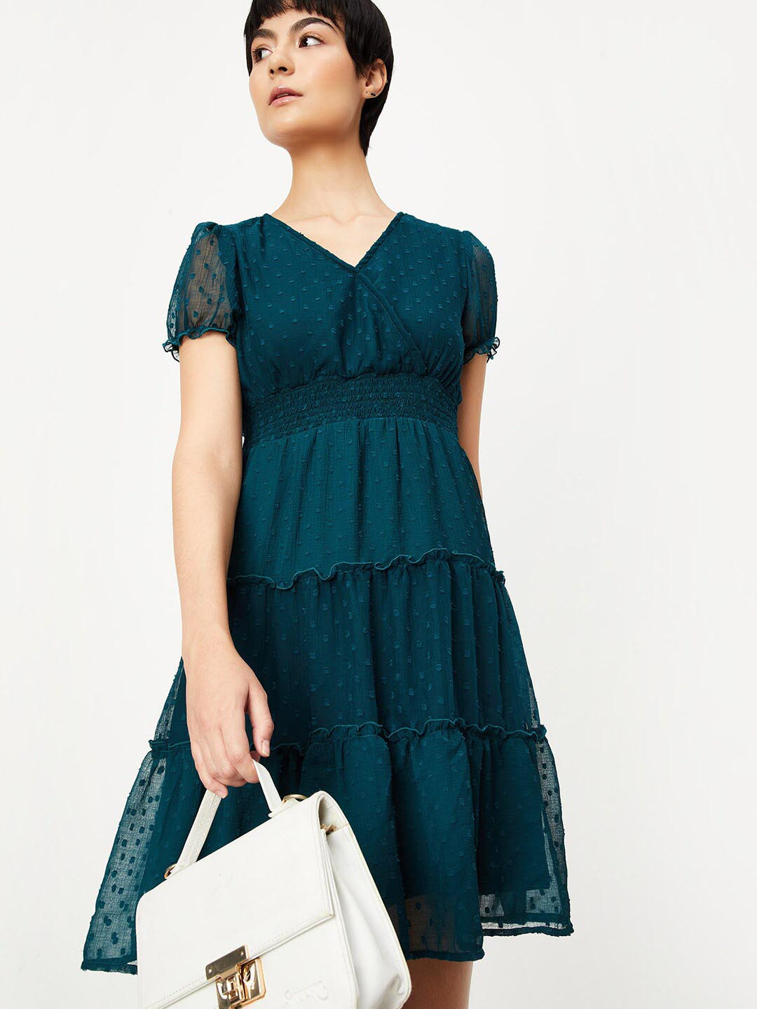 

max Self Design Puff Sleeves Smocked Tiered Fit & Flare Dress, Green