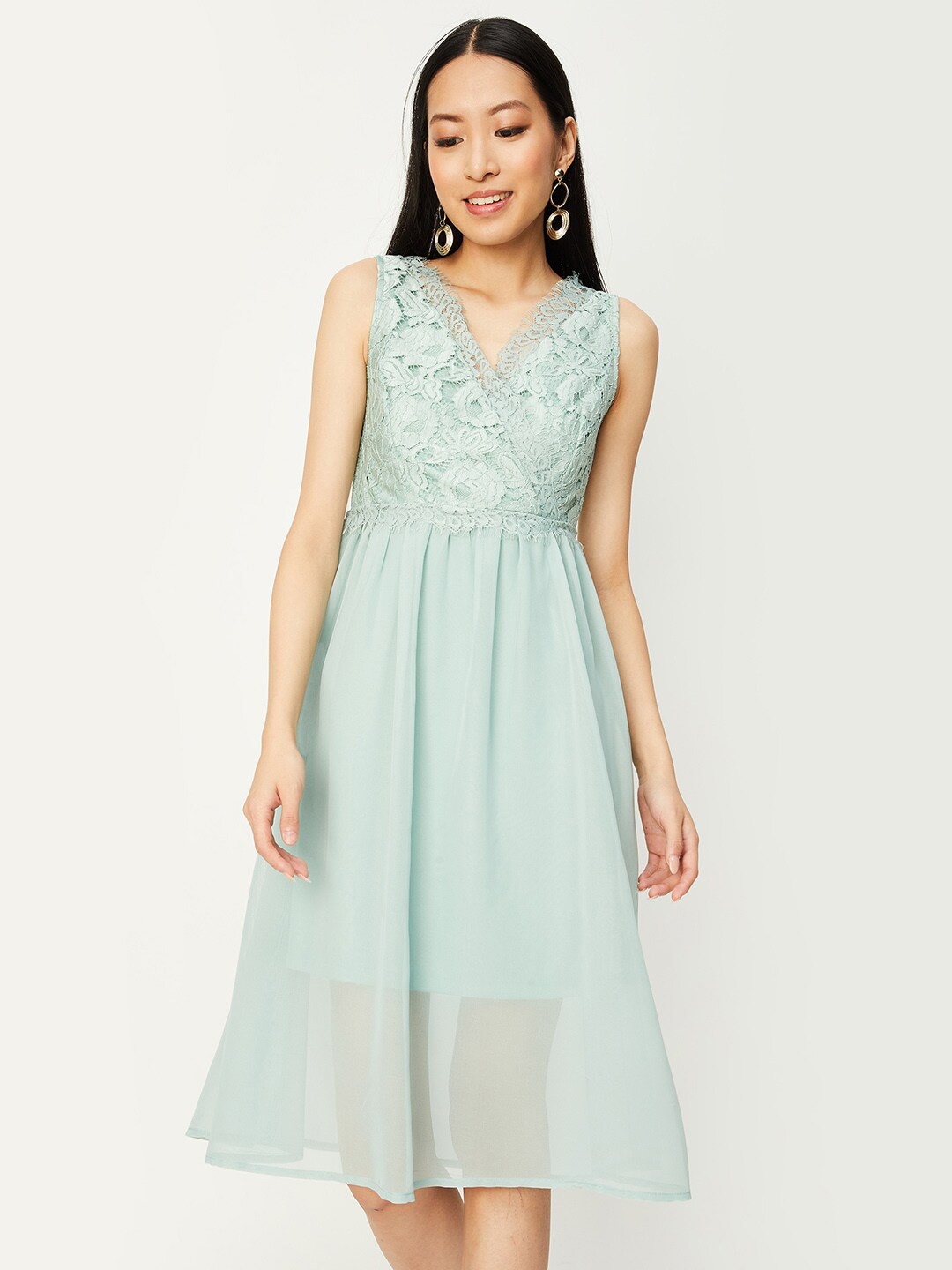 

max Self Design Gathered Fit & Flare Dress, Green