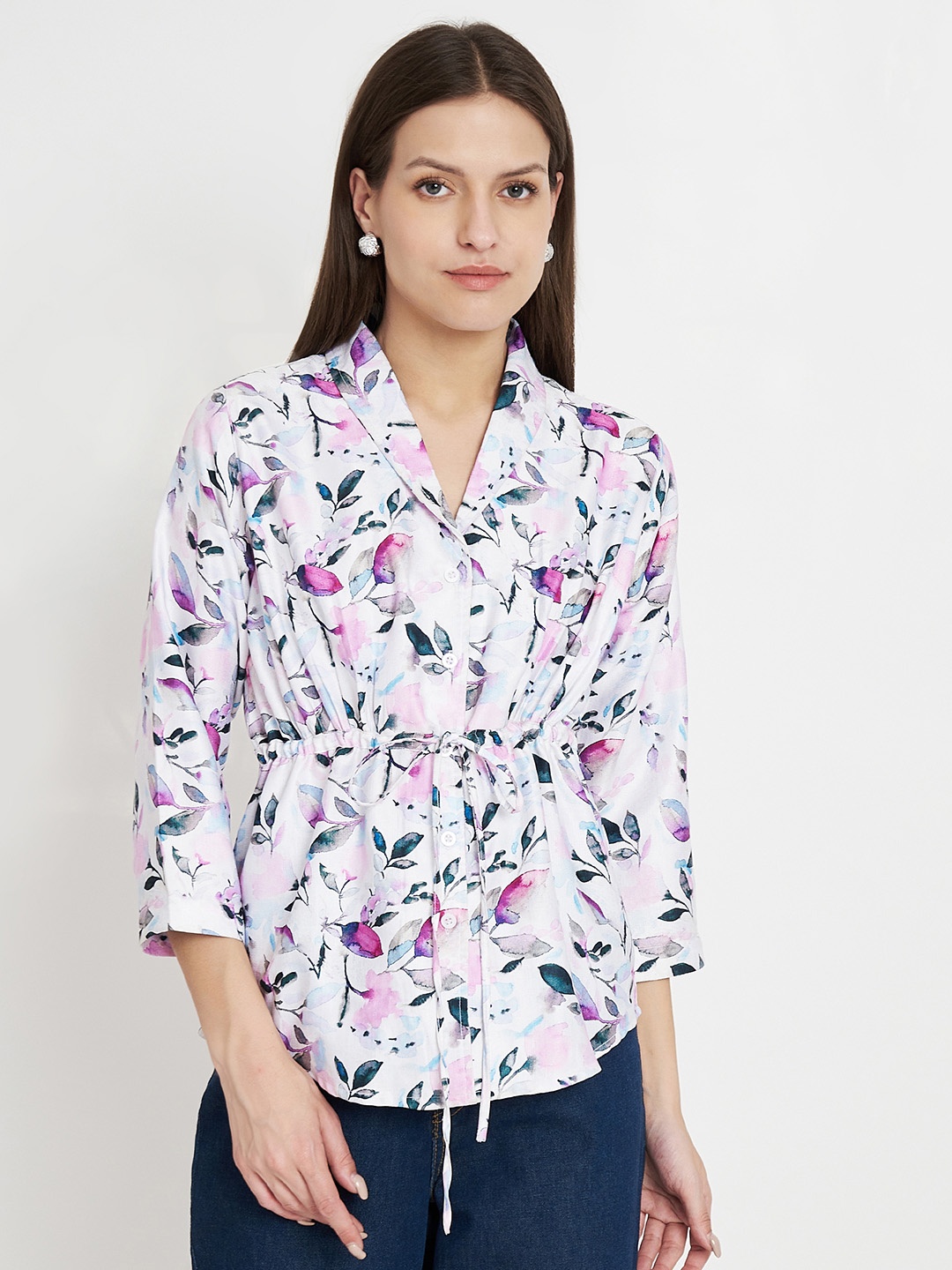 

CHARMGAL Floral Print Waist Tie Up Shirt Style Top, White