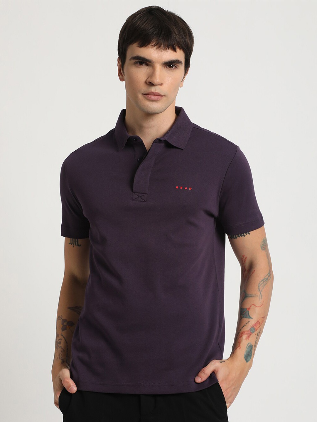 

THE BEAR HOUSE Polo Collar Slim Fit Pure Cotton T-shirt, Purple