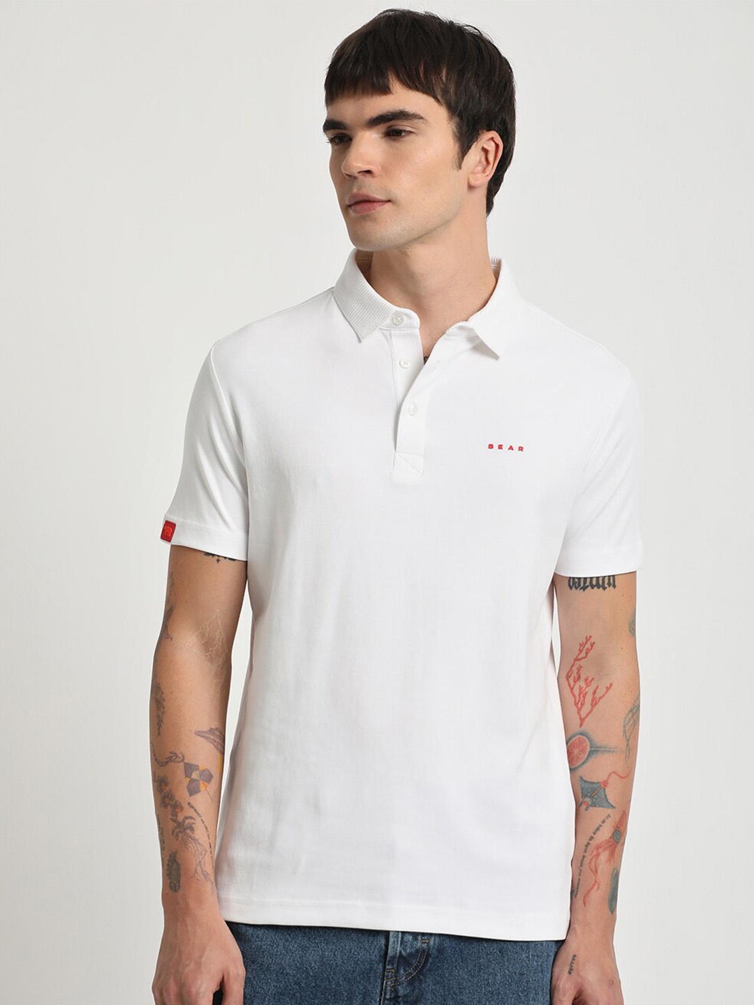 

THE BEAR HOUSE Polo Collar Slim Fit Pure Cotton T-shirt, White